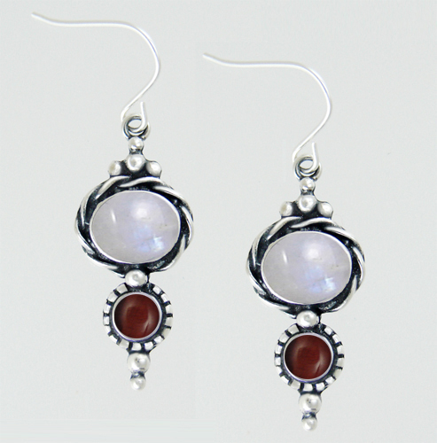 Sterling Silver Drop Dangle Earrings With Rainbow Moonstone And Red Tiger Eye